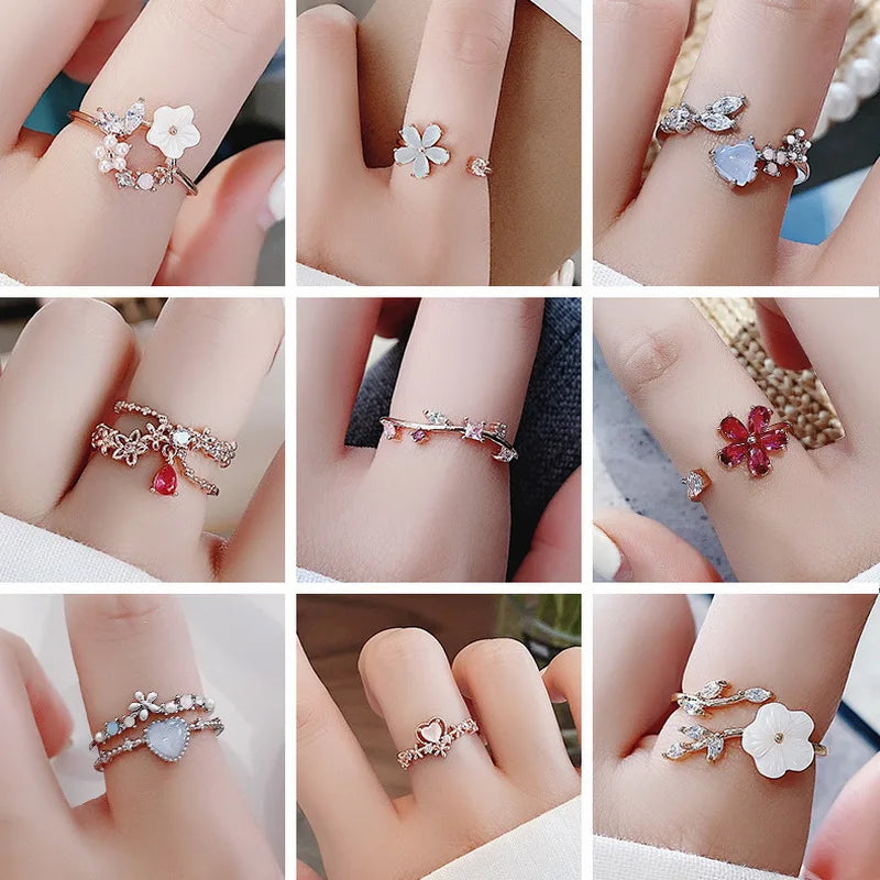 Sakura Flower Crystal Open Ring