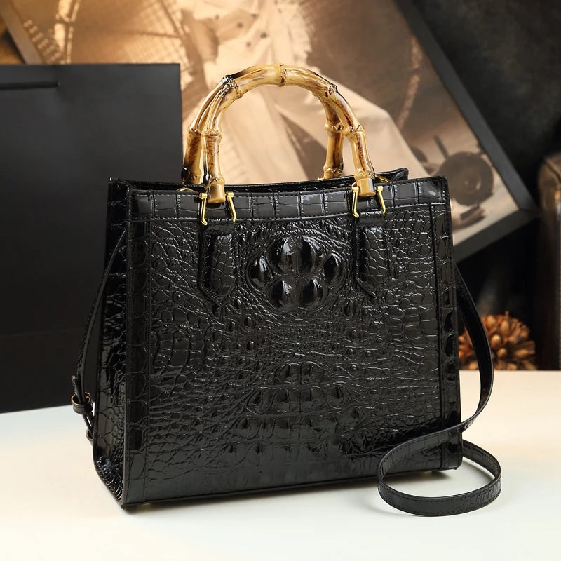 Bamboo Handle Crocodile Embossed Tote
