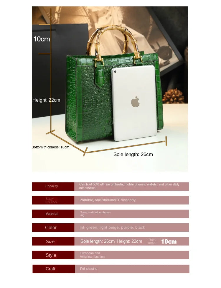 Bamboo Handle Crocodile Embossed Tote