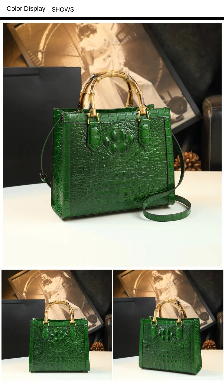 Bamboo Handle Crocodile Embossed Tote