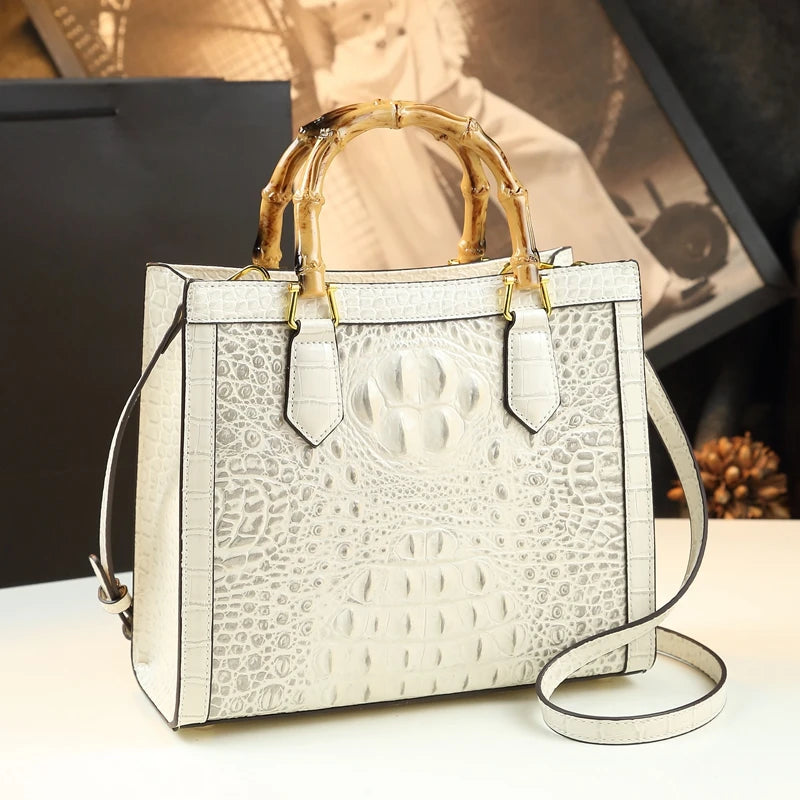 Bamboo Handle Crocodile Embossed Tote