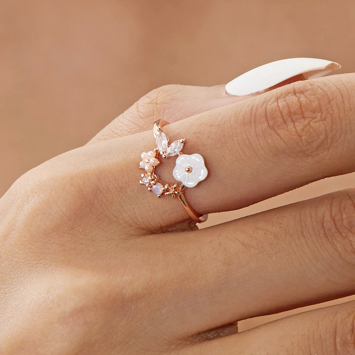 Sakura Flower Crystal Open Ring