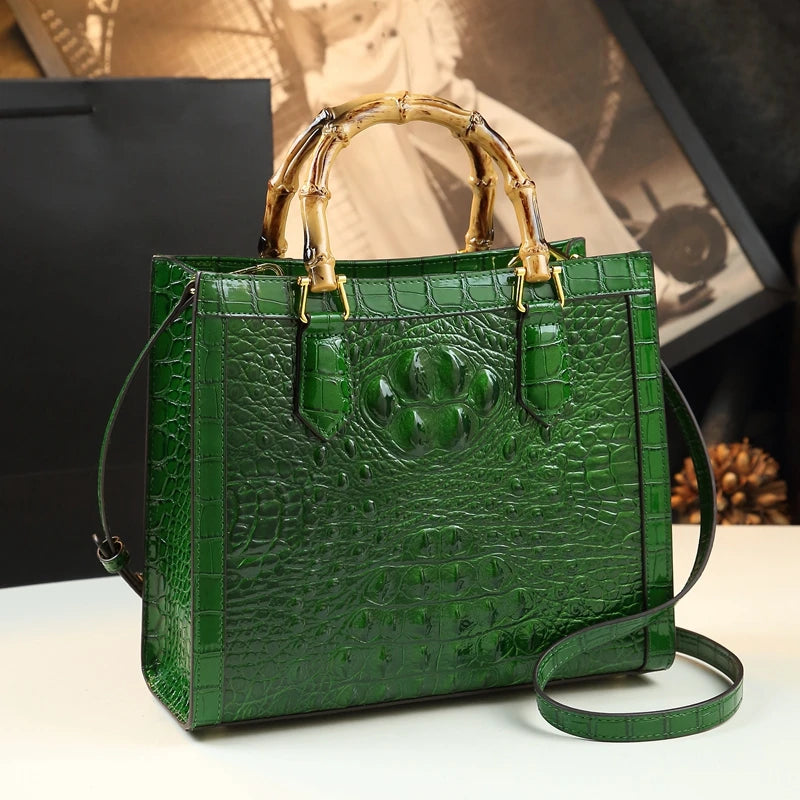 Bamboo Handle Crocodile Embossed Tote
