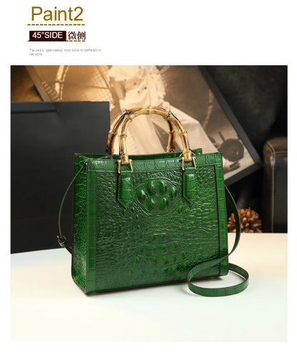 Bamboo Handle Crocodile Embossed Tote