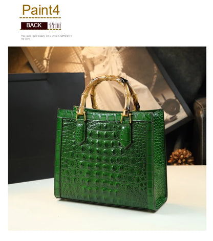Bamboo Handle Crocodile Embossed Tote