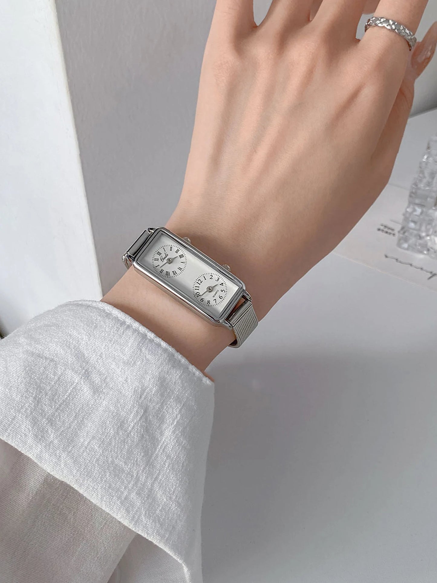 Dual-Movement Retro Square Quartz Watch