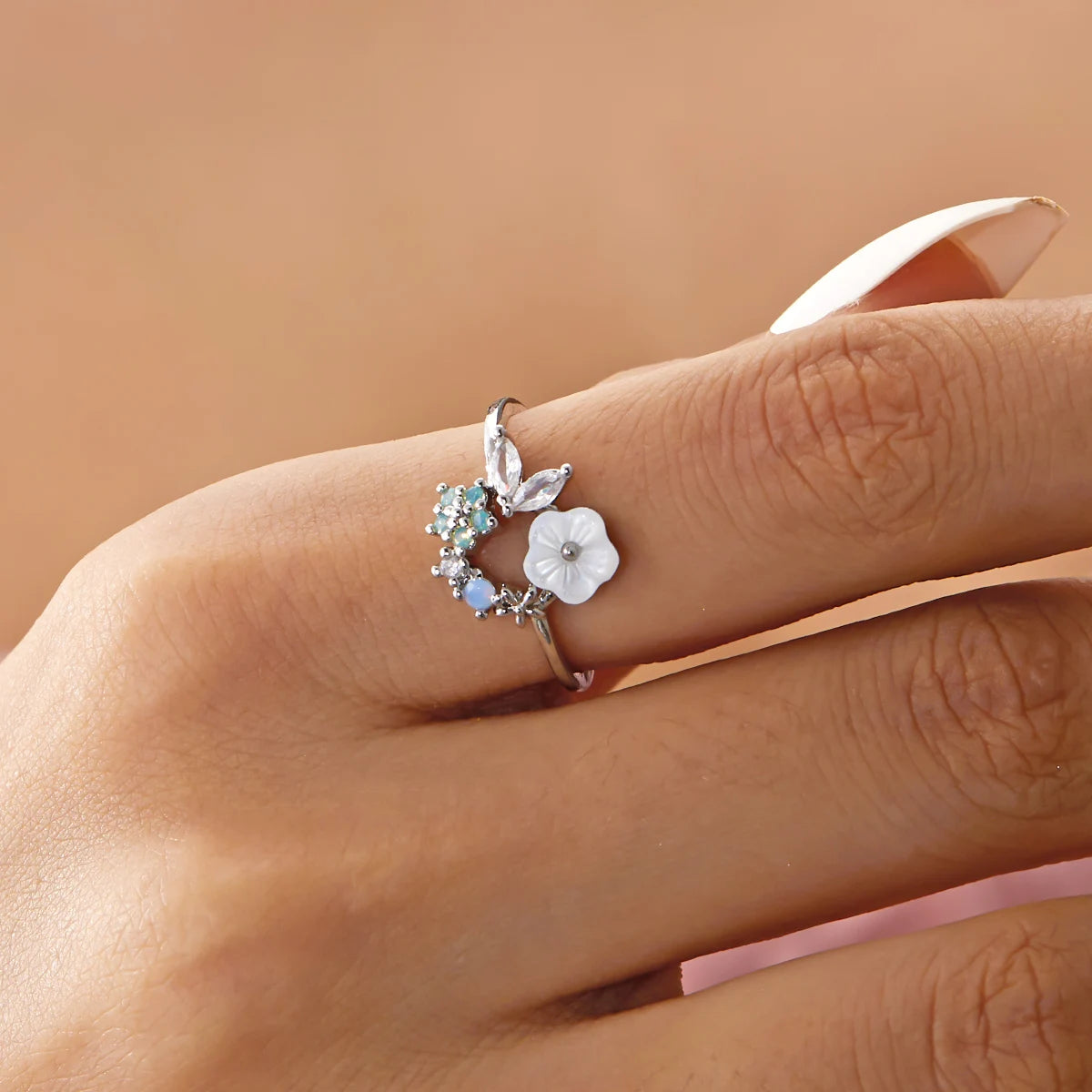 Sakura Flower Crystal Open Ring