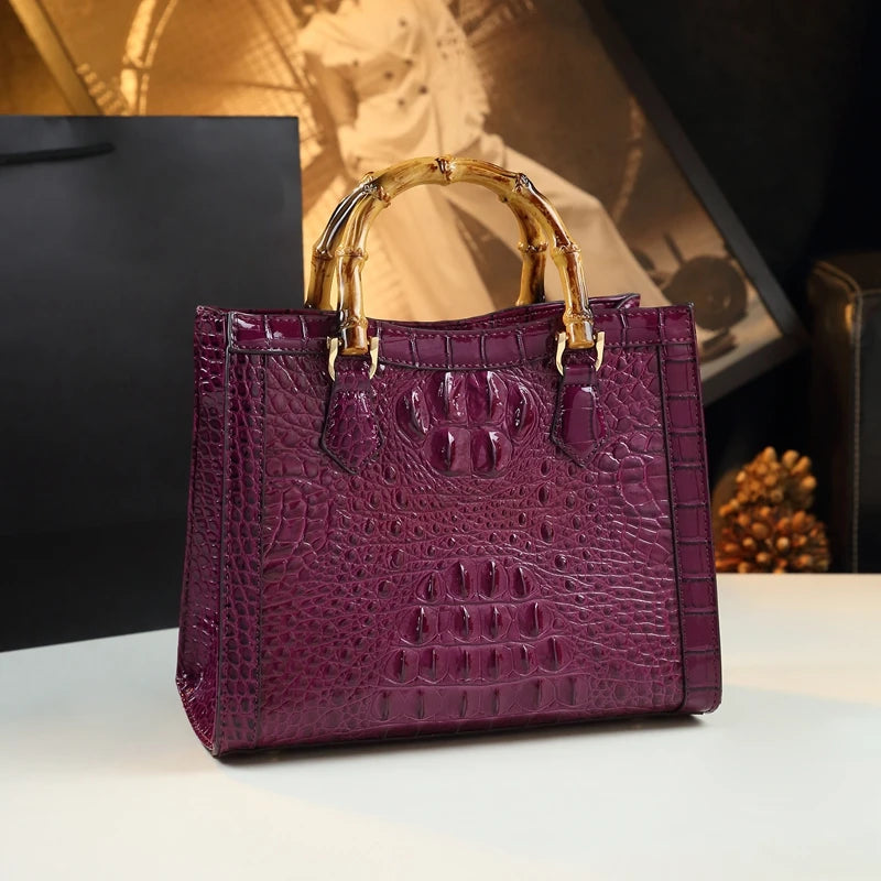 Bamboo Handle Crocodile Embossed Tote
