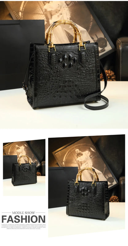 Bamboo Handle Crocodile Embossed Tote