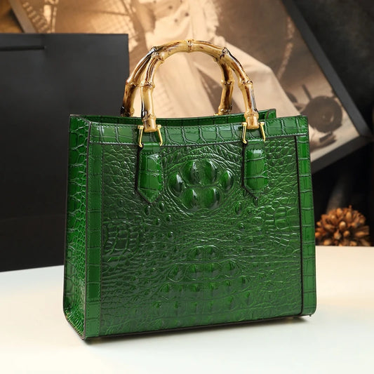 Bamboo Handle Crocodile Embossed Tote