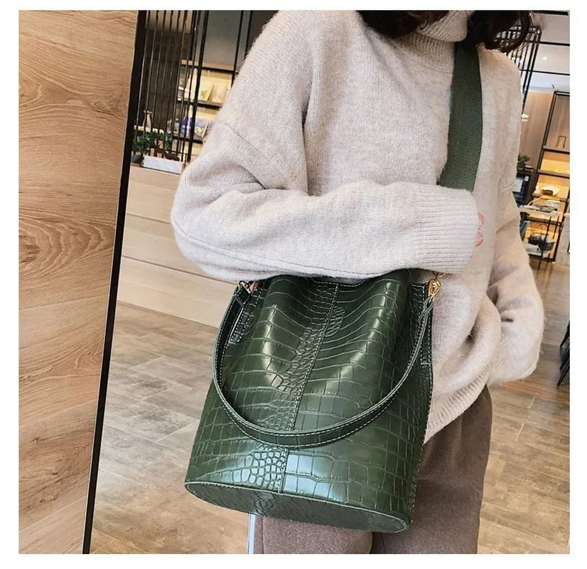 Stone Textured Leather Bucket Bag