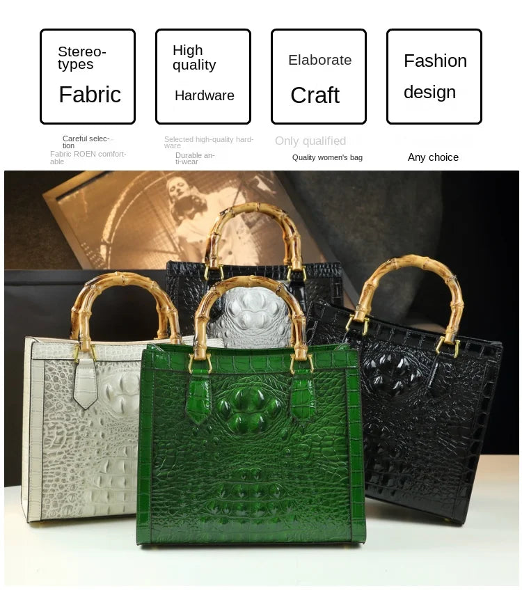 Bamboo Handle Crocodile Embossed Tote