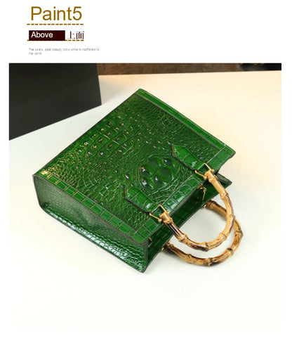Bamboo Handle Crocodile Embossed Tote