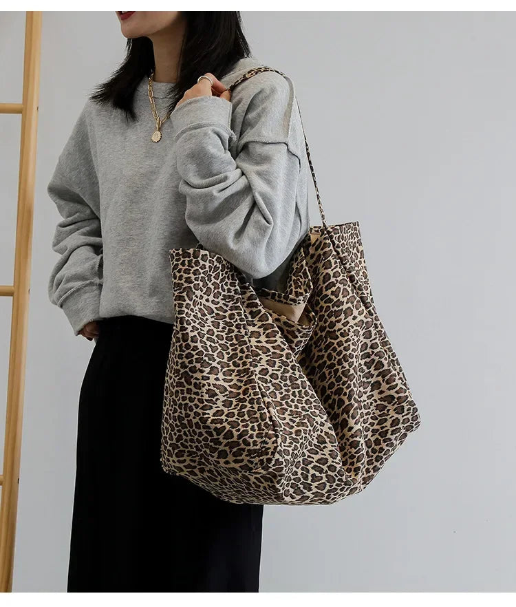 Leopard Motif Canvas Statement Tote