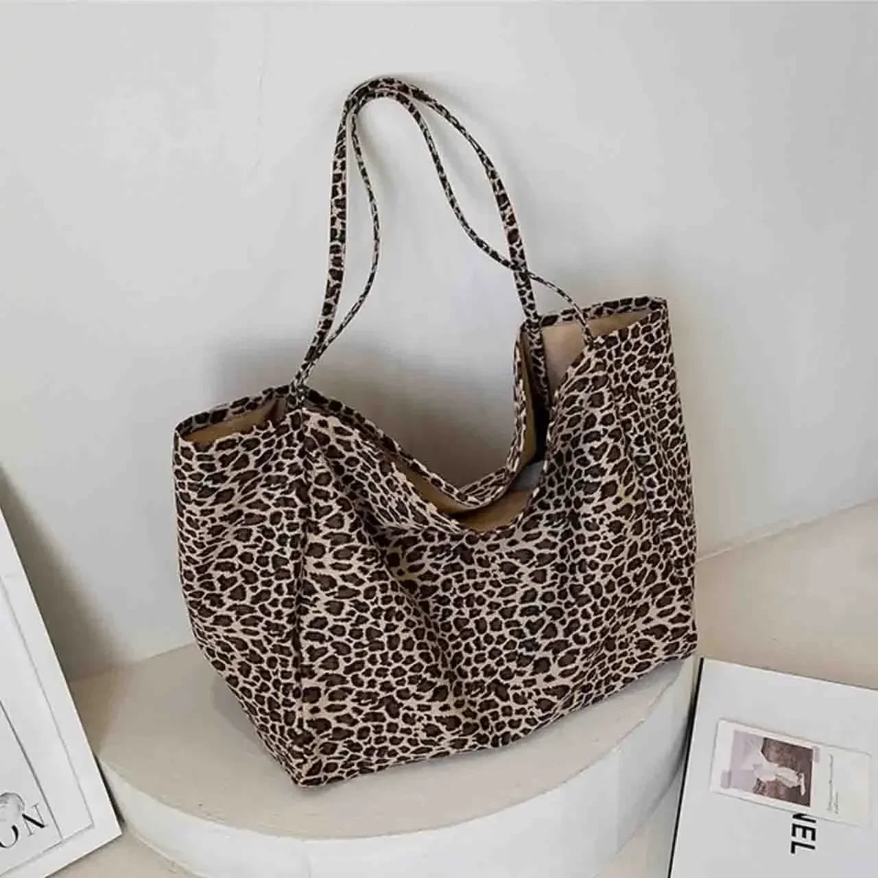 Leopard Motif Canvas Statement Tote